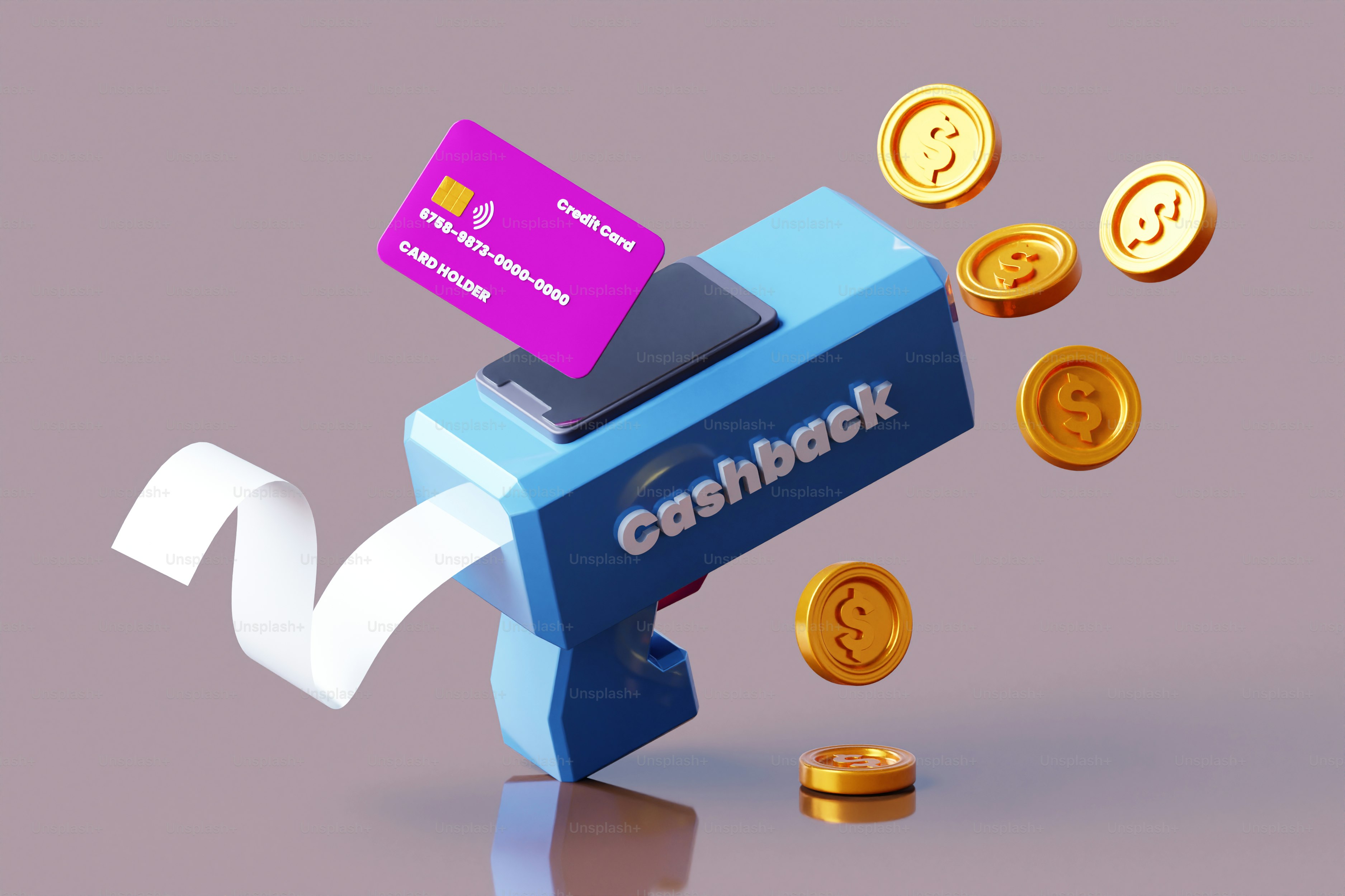 A blue cashbox with a purple card sticking out of it